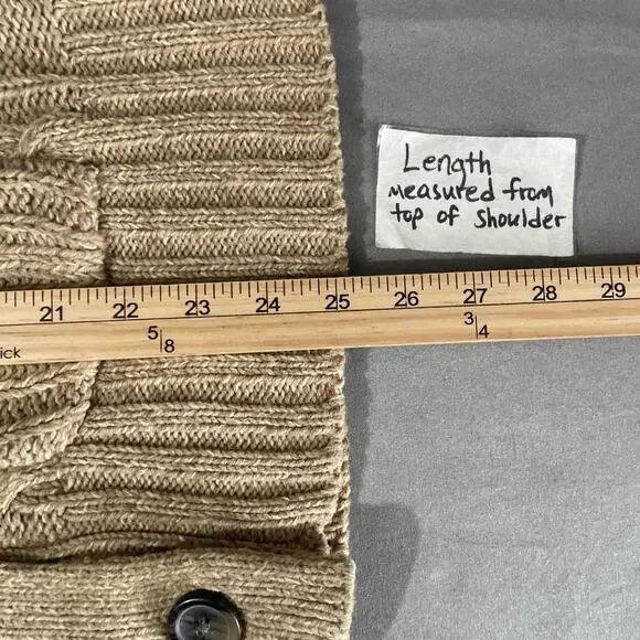 Y2K Cable Knit Cardigan Size Large Tan Button Sweater Pockets Chunky Academia - Picture 9 of 9